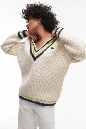 Lacoste V neck stripe jumper in -White