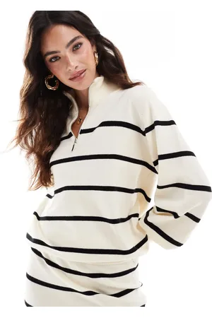 Y.A.S Zip neck knitted pullover jumper in and black stripes (part of a set)-White