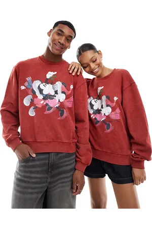 ASOS Disney Christmas boxy oversized sweatshirt with Mickey Mouse & Minnie Mouse print in burgundy-Red
