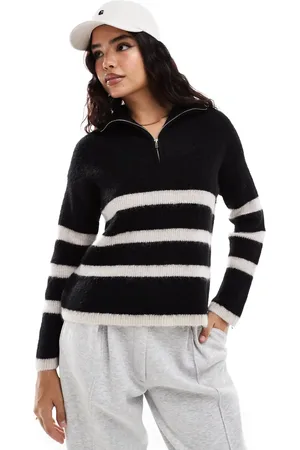 SELECTED Femme half zip knitted merino wool blend stripe jumper in black with white stripe