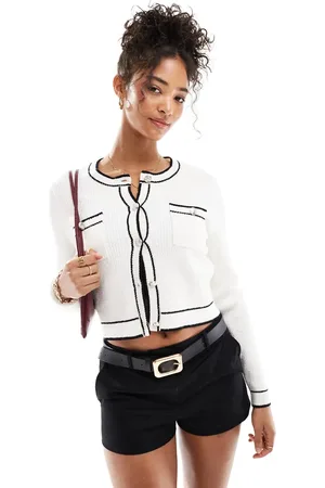 Morgan Button through cardigan with contrast trim in cream-White