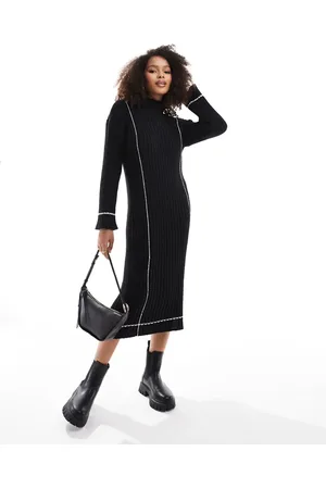 Y.A.S High neck knitted jumper midi dress in black with contrast stitch