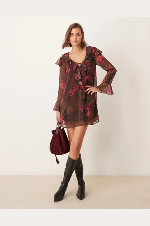 New Look Floral ruffle tie neck mini dress in print