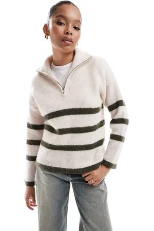 SELECTED Femme half zip knitted merino wool blend stripe jumper in cream with green stripe-White