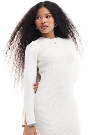 VILA Super soft knitted midi dress with contrast edge in winter white