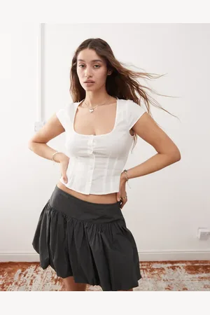 Monki Short sleeve cotton scoop neck blouse in