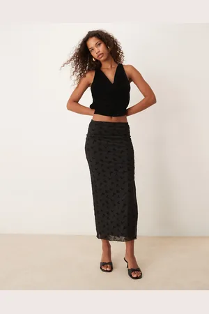 New Look Floral flocked mesh midi skirt in