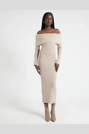 River Island Bardot knitted midi dress with fluff detail in mink-Neutral