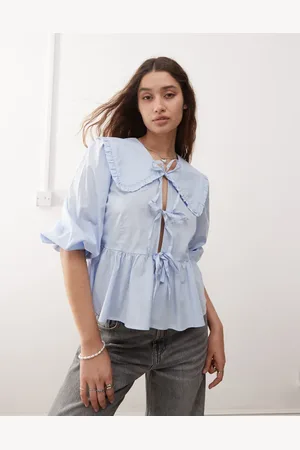 Monki Long sleeve frill collared peplum blouse in