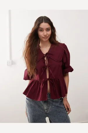 Monki Long sleeve frill collared peplum blouse in