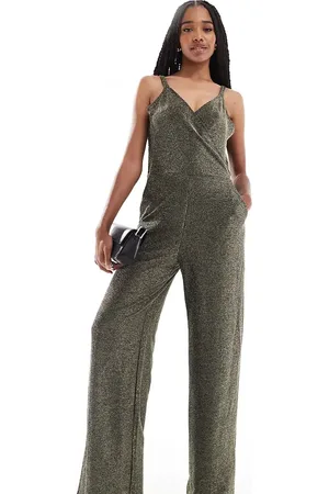 VERO MODA Strappy wide leg jumpsuit in black and gold glitter