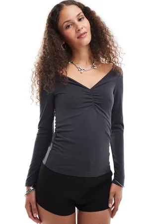 Monki Jersey long sleeve top with ruched v front in