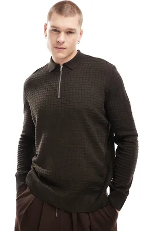 ASOS Relaxed long sleeve knitted polo jumper in waffle in