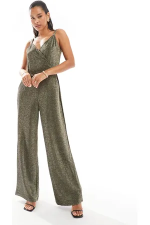 VERO MODA Strappy wide leg jumpsuit in black and gold glitter