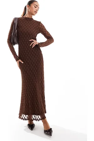 Bardot Long sleeve lace maxi dress in -Brown