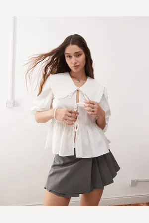 Monki Long sleeve frill collared peplum blouse in