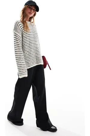 4th & Reckless Wool mix textured wide sleeve crew neck jumper in cream and black stripe