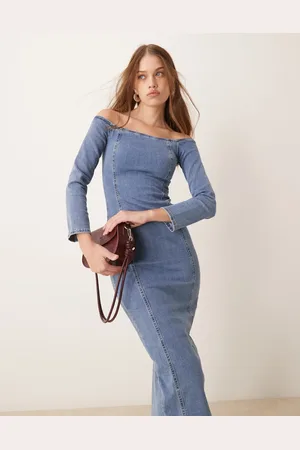 River Island Denim bardot midi dress in medium wash-Blue