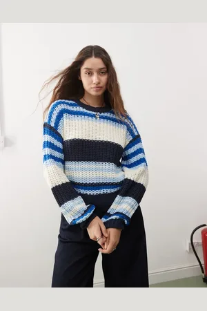 Noisy May Chunky open knit jumper in cream & blue stripe-Navy