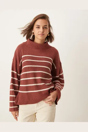VILA High neck loose jumper in terracotta stripe-Orange