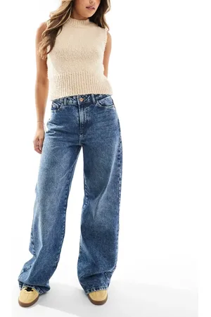 Pieces® Selma high waisted wide leg jeans in medium blue rinse