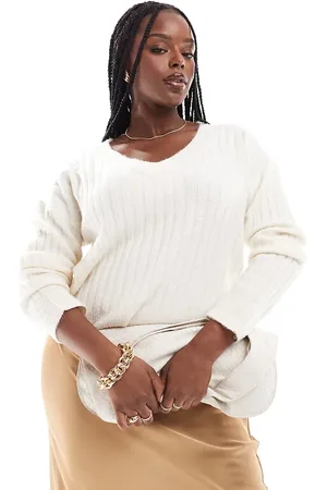 ASOS ASOS DESIGN Curve v neck jumper in rib in -White