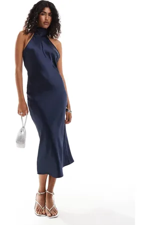 Pretty Lavish High neck satin midi dress in -Blue