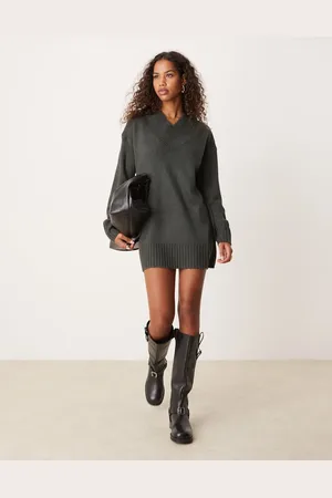 Glamorous Rib v neck slouchy jumper dress in knit-Grey
