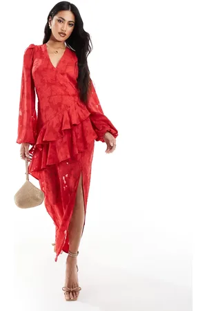 In The Style X Perrie Sian wrap asymmetric ruffle maxi dress in jacquard