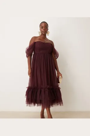 Lace & Beads Off shoulder corset ruffle midaxi dress in -Purple