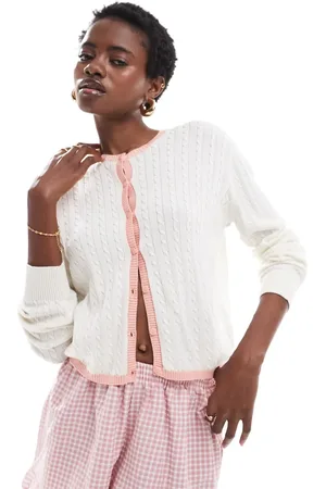 Monki Button front cardigan in with pink contrast trim