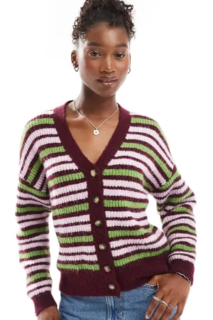 Motel Uriela fluffy oversized cardigan in burgundy and green-Multi