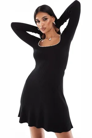 In The Style Pearl trim square neck knitted skater mini dress in
