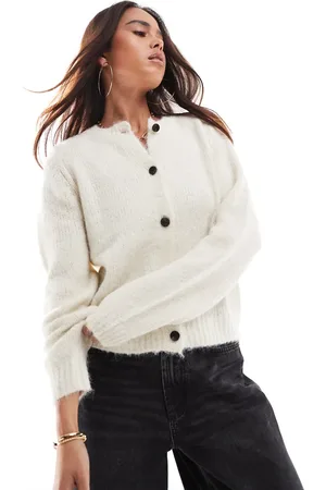 VERO MODA Round neck knitted cardigan in melange-White