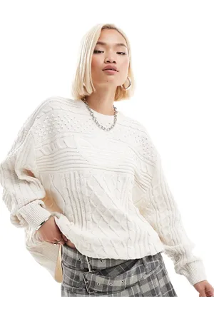 adidas Cable knit trefoil logo knitted jumper in white