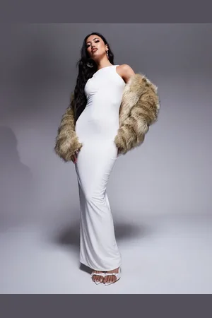 Fashionkilla Double layered slinky high neck low back maxi dress in off