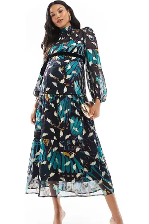 HOPE & IVY Premium printed maxi dress with velvet belt and gold fleck in teal-Multi