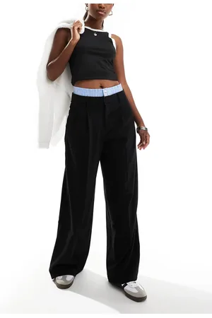 Bershka Striped waistband wide leg tailored pants in black & blue