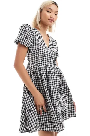 Daisy Street V neck mini smock dress in bow detail mono gingham-Multi