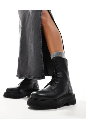 ASOS Addison flat leather lace up boots in black