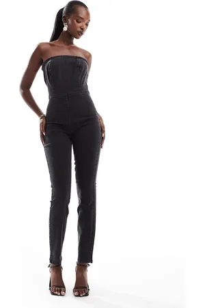 ASOS Denim bandeau bodycon jumpsuit in washed