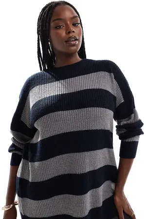 Yours Drop shoulder striped jumper in navy and grey-Multi
