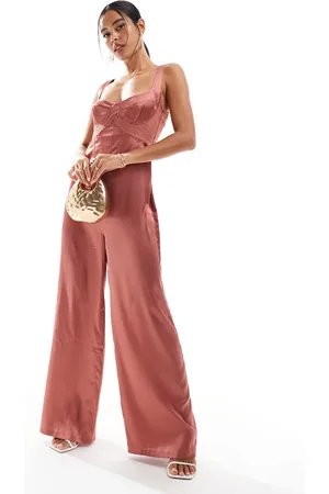ASOS Lace mix corset detail wide leg satin jumpsuit in