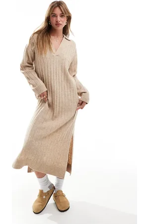 JJXX V neck collared knitted ribbed dress in cream-White