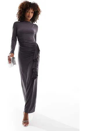 DASKA Drape front maxi dress with frill detail in -Grey