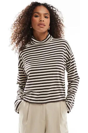 AWARE Vero Moda roll neck jersey top in cream and brown stripe-Grey