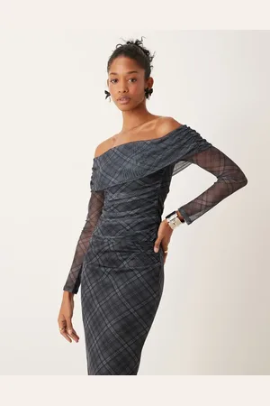 New Look Mesh bardot long sleeve top in blue check (part of a set)