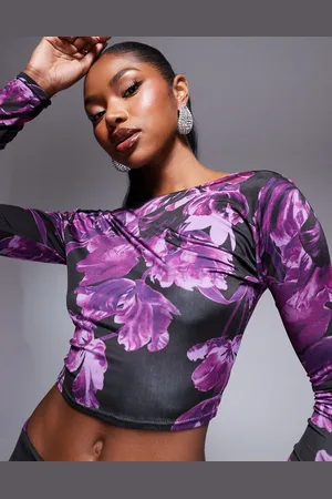 Kaiia Exclusive low back slinky long sleeve top in purple print (part of a set)-Multi