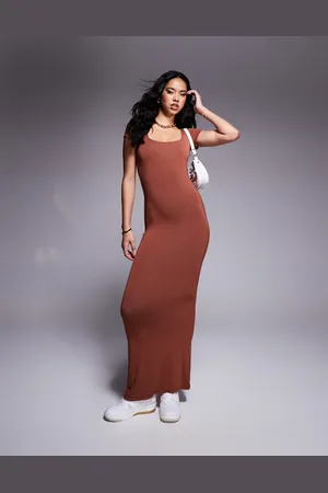 In The Style Fits slinky sculpt square neck short sleeve maxi dress in -Orange