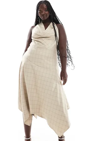 ASOS ASOS DESIGN Curve cowl neck halter midi dress with full skirt in check-Multi